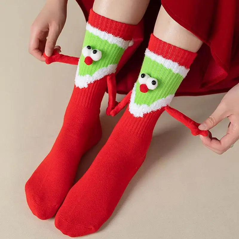 Christmas Hand Holding Socks Magnetic Mid Tube Socks With 3D Eyes - One Pair