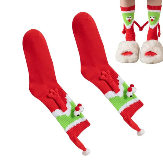 Christmas Hand Holding Socks Magnetic Mid Tube Socks With 3D Eyes - One Pair