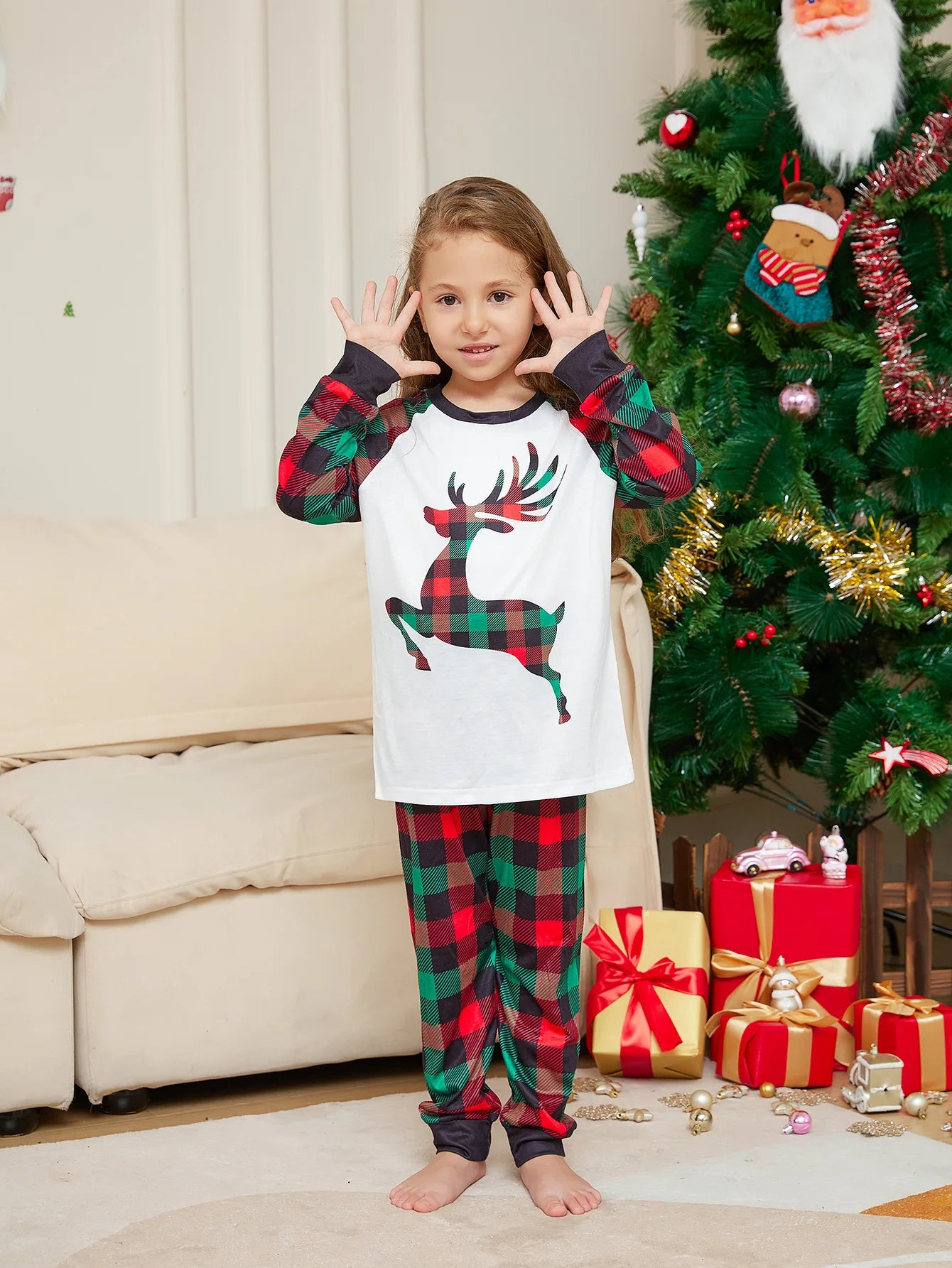 2024 Christmas New Year Elk Plaid Printed Pajamas - 2 Piece