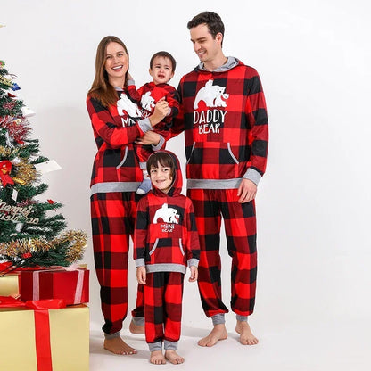 New Christmas 2024 Matching Outfits Bear Plaid Print Hooded Hoodies - 2 Pieces