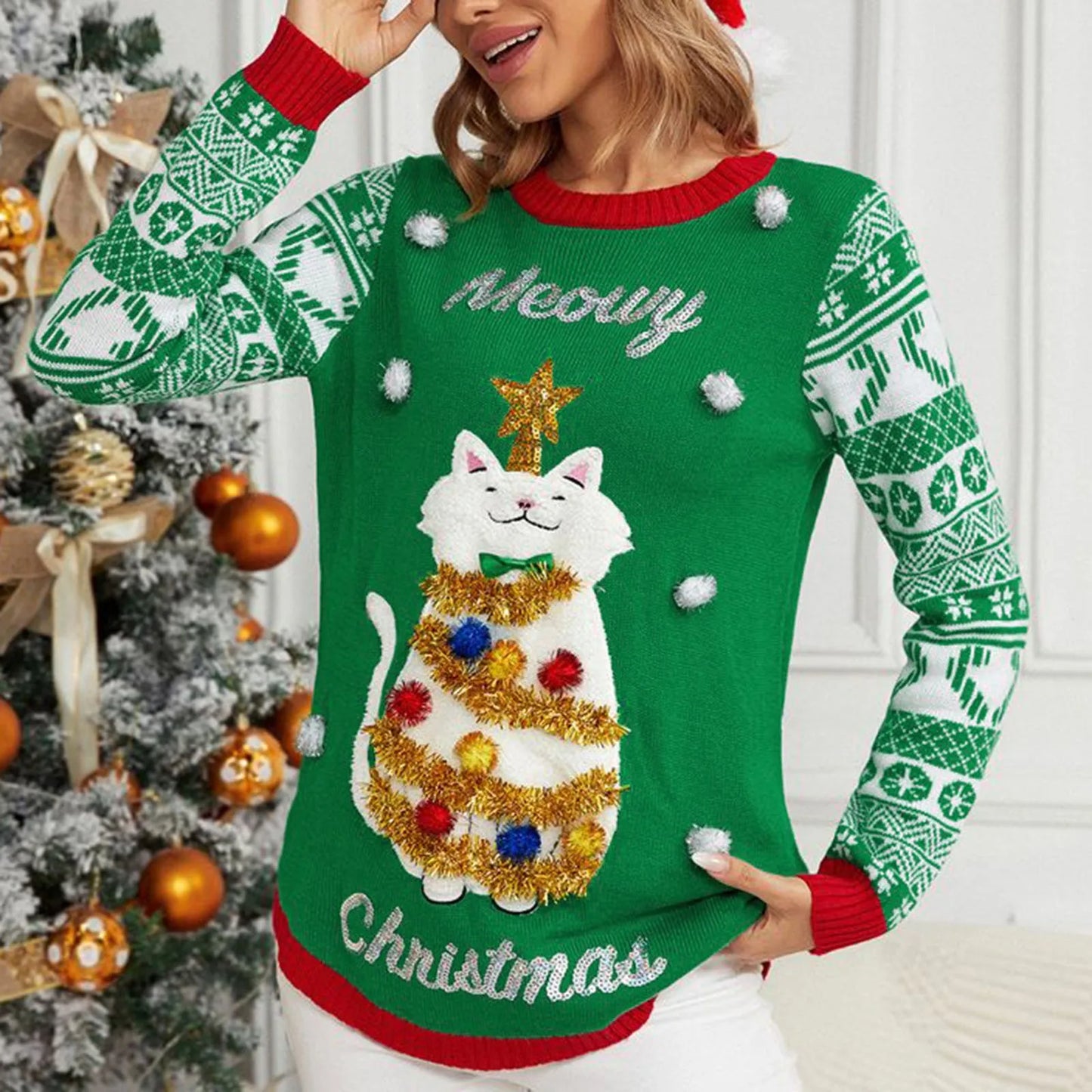 Christmas Ugly Sweater Cat Print O-Neck