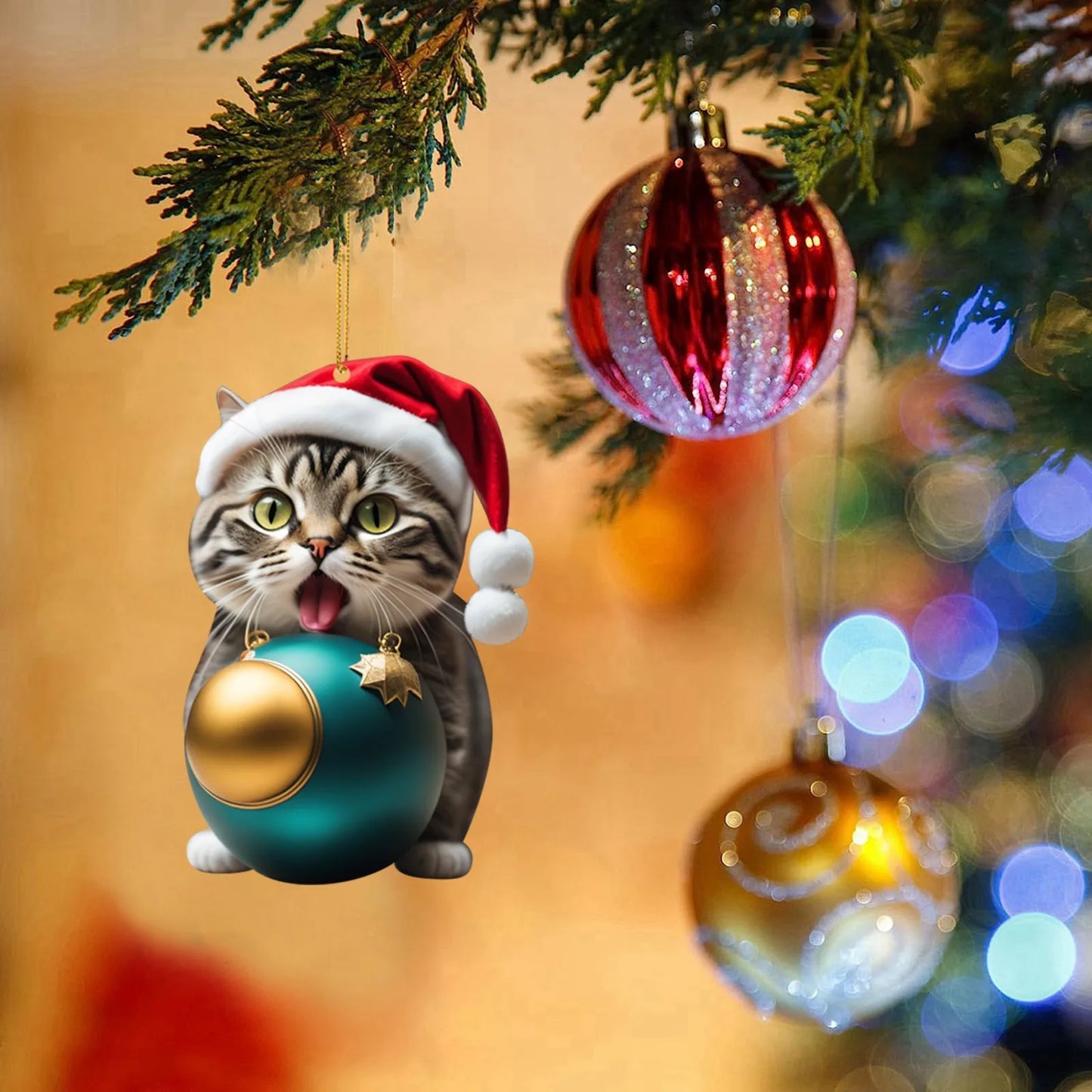 Christmas Decorations 2024 2d Acrylic Funny Cat Christmas Tree Ornament