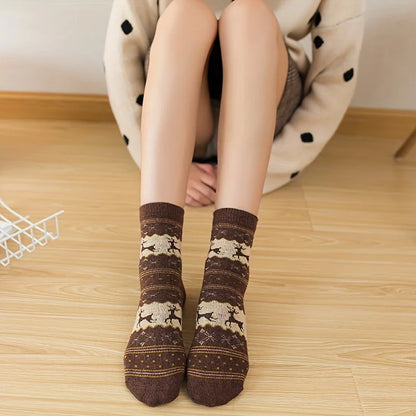 5 Pairs Elk Print Thickened Socks, Comfy & Warm Christmas Mid Tube Socks