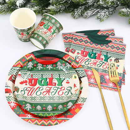 2024 Christmas Ugly Sweater Theme Party Disposable Tableware Paper Plates Napkins