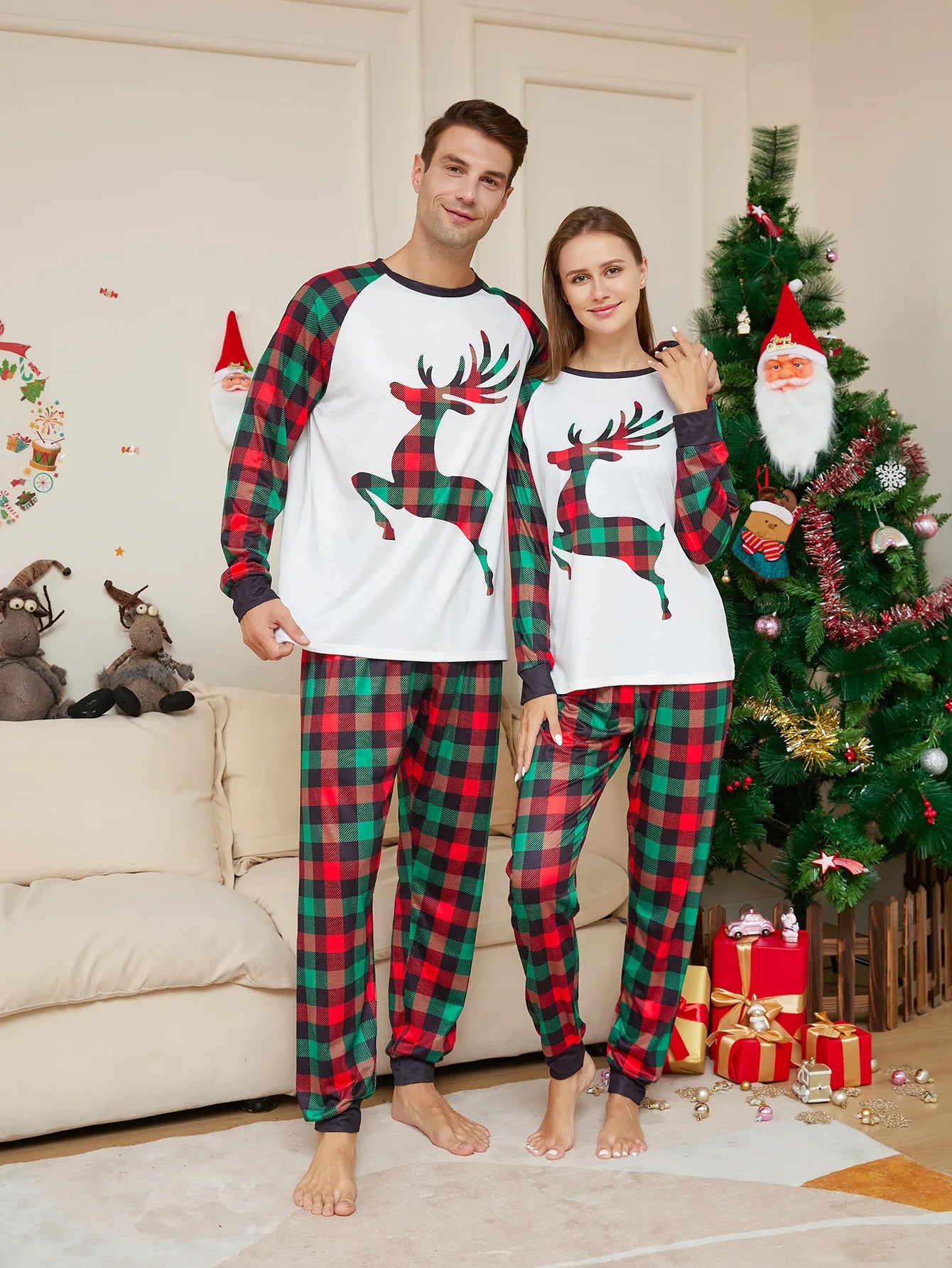 2024 Christmas New Year Elk Plaid Printed Pajamas - 2 Piece