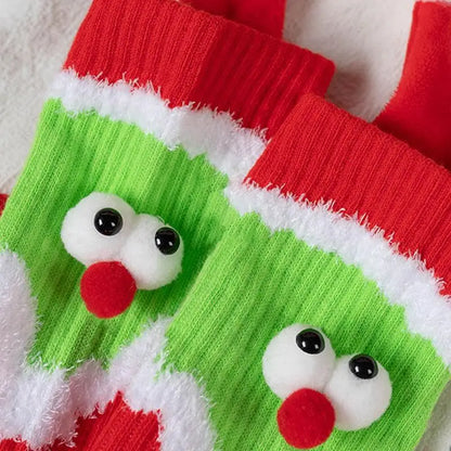 Christmas Hand Holding Socks Magnetic Mid Tube Socks With 3D Eyes - One Pair