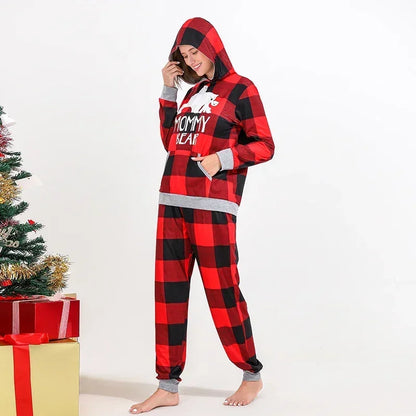 New Christmas 2024 Matching Outfits Bear Plaid Print Hooded Hoodies - 2 Pieces