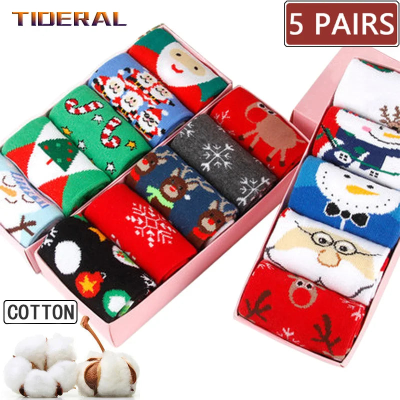 5 Pairs Men/Women Cotton Cartoon Christmas Socks - Mid length