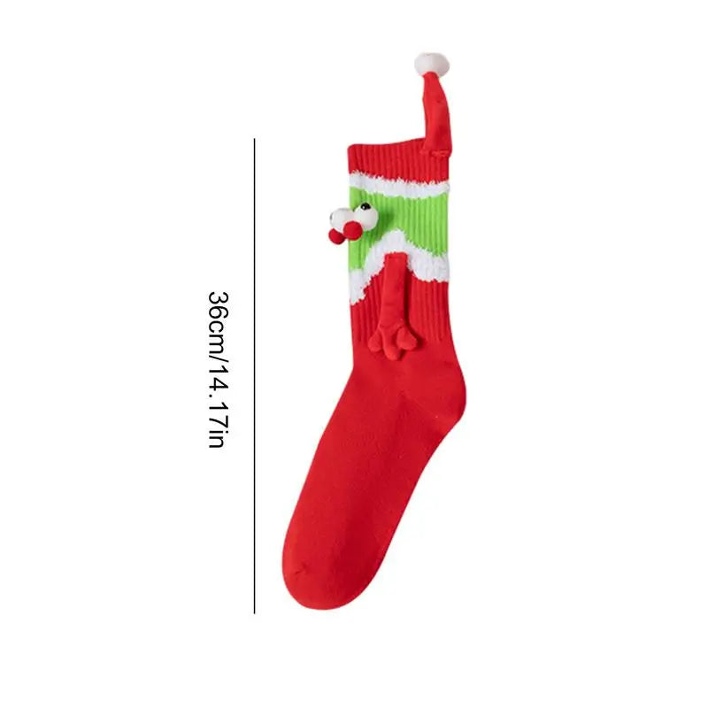 Christmas Hand Holding Socks Magnetic Mid Tube Socks With 3D Eyes - One Pair