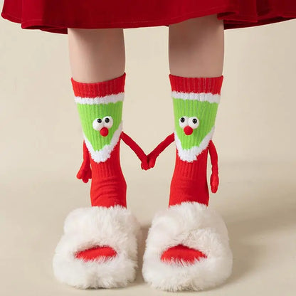 Christmas Hand Holding Socks Magnetic Mid Tube Socks With 3D Eyes - One Pair