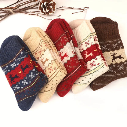 5 Pairs Elk Print Thickened Socks, Comfy & Warm Christmas Mid Tube Socks