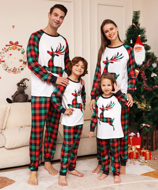 2024 Christmas New Year Elk Plaid Printed Pajamas - 2 Piece