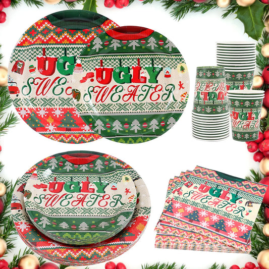 2024 Christmas Ugly Sweater Theme Party Disposable Tableware Paper Plates Napkins