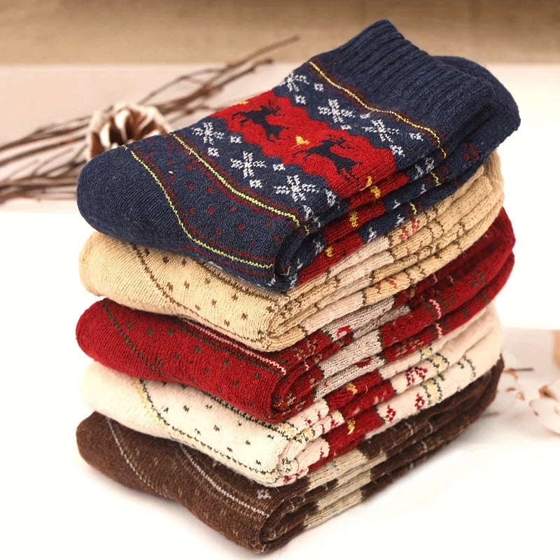 5 Pairs Elk Print Thickened Socks, Comfy & Warm Christmas Mid Tube Socks